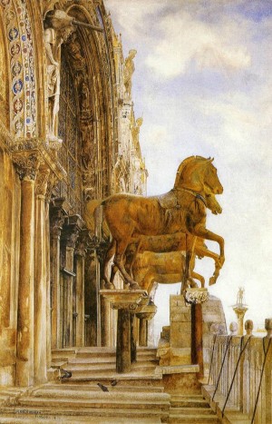 Painting of statues of three horses